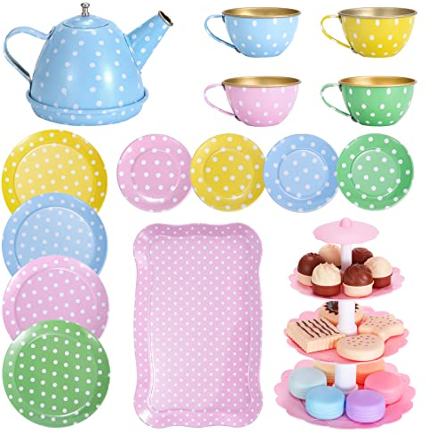 Service à Thé pour Enfants, Métal Jeu de Rôle Biscuits de Gâteaux, Cadeau Jeux et Jouets de Thé Jouet Coloré Illustré pour Petite Jeu de Rôle, Cadeau pour Filles Garçons 2 3 4 Ans, 31 Pièces