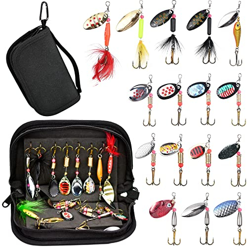 MINSHUXI 16 Stück Angelköder Set Kunstköder Spinner Angeln Set Blinker Angel Köder Wobbler Pailletten Spinner Angelköder mit Tragetasche für Forelle Barsch Hecht Zander