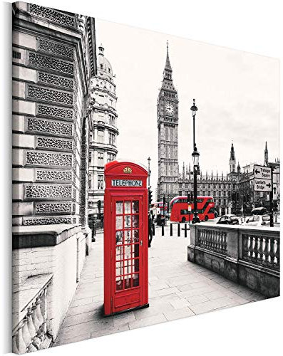 REVOLIO 120x80 cm Leinwandbild Wandbilder Wohnzimmer Modern Kunstdruck Design Wanddekoration Deko Bild auf Leinwand Bilder 1 Teilig - London Telefonzelle schwarz-weiß rot