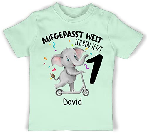 Baby T-Shirt Mädchen Jungen - 1. - Aufgepasst Welt ich Bin jetzt 1 Jahr alt I Erster Geburtstag - 18/24 Monate - Mintgrün - First Birthday Boy Outfit geburtstagsshirt one 1.Geburtstag 1st Tshirt