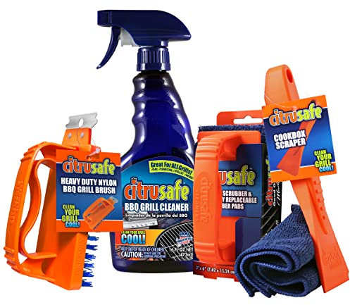 Citrusafe Complete Grill Cleaning Kit - Grill Cleaner Spray (16oz), Scrubber 3 Pack, Nylon Brush, Cookbox Scraper and Microfiber Cleaning Towel - Tools to Clean BBQ Grill Grates, Smokers, Ovens