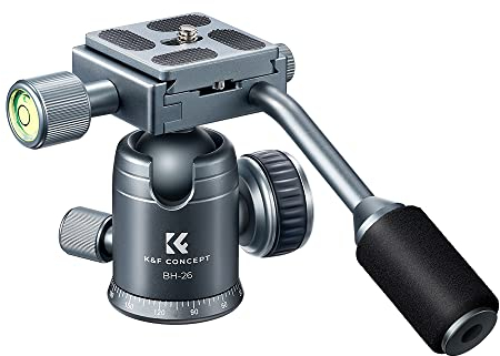 K&F Concept Professional 26mm Metal Tripod Ball Head with Handle, 360 Degree Rotating Panoramic with 1/4 inch Quick Release Plate-Silver
