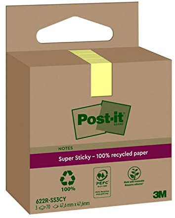 Post-it Super Sticky 100 % Recycling Notes, 3 Blöcke, 70 Blätter pro Block, 47.6 mm x 47.6 mm, Gelb - Extra starke Haftnotizen aus 100 % Recyclingpapier