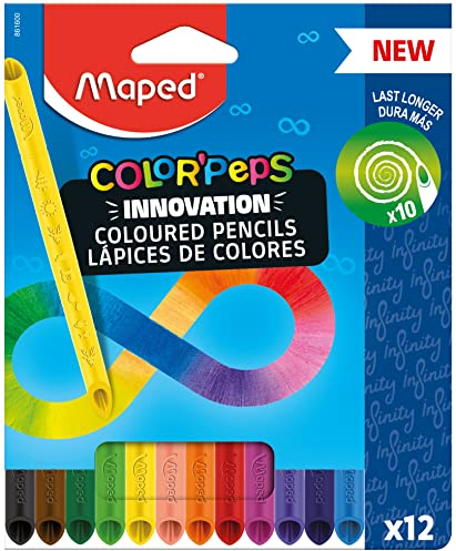 Maped - innovative Buntstifte COLOR'PEPS INFINITY - 100% farbige Mine - kein Anspitzen notwendig - zu 100% aufbrauchbar - weich & sehr angenehm auf dem Papier - 12 Stück
