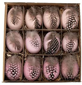 NaDeco Hühnereier, bemalt, 12 Stück, mit Hänger, in vielen Farben & mit verschiedenen Motiven erhältlich | Deko-Ostereier | Schöne Osterdeko zum Aufhängen, Farbe:Rosa mit Federn