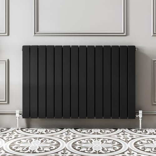 Go Bathrooms Pinta Horizontal Black Radiator 600 x 952mm Flat Panel Horizontal Anthracite Double Wall Mounted Slim Designer Radiator