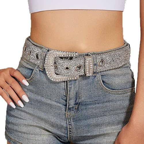 NociHah Silberner Strass-Gürtel, Western-Cowgirl-Gürtel, Vintage, glitzernd, Kristall, Nieten, Ledergürtel für Jeans, für 68,6–99,1 cm, silber, 3.8cmx115cm