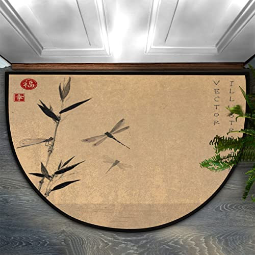 Japanese Branch Dragonflie Round Doormat 91.4 x 61 cm, Vintage Japanese Entrance Door Mat Indoor Outdoor Machine Washable Anti Slip Absorbent Mat Rug Floor Mat Carpet