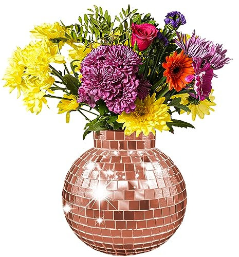 Hearth & Stone Discokugel-Pflanzgefäß, 17,8 cm, Discokugel-Vase für Blumen und Pflanzen, handgefertigt, Roségold, quadratisch, große Spiegel, Mittelstück, für Innen- und Außendekoration,