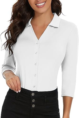 Soneven Weiße Blusenshirt Damen Oberteil Bluse Damen Sommer Elegant mit V-Ausschnitt Poloshirt Golf Polo 3/4 Arm Herbst Business Oufit Blusentop XXL