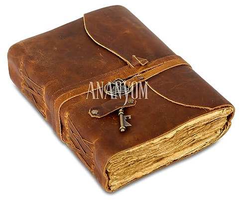 ANANYOM Handmade Leather Journal, Brown, Key Leather Strap,Genuine Leather Notebook Diary Sketchbook,Strap Bound Journal for Men & Women, journal Deckle Edge Unruled 200 Pages,Size 8 (L) x 6 (W)inches