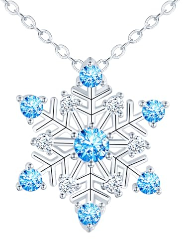 feilok Halskette Damen Kette mit Schneeflocke Zirkonia blau Anhänger aus 925 Sterling silber Geschenk für Sie Freundin Weihnachten