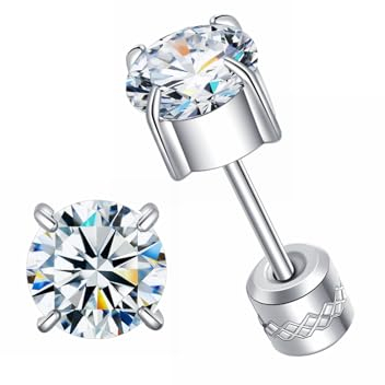 ZOCOYUU Titanium Screw Back Surgical Stainless Steel Stud Earrings for Women Men,Rainbow 5A Cubic Zirconia Studs Double Side Earrings Piercing Sleeper Studs Jewelry 6mm (Silver-White-6mm)