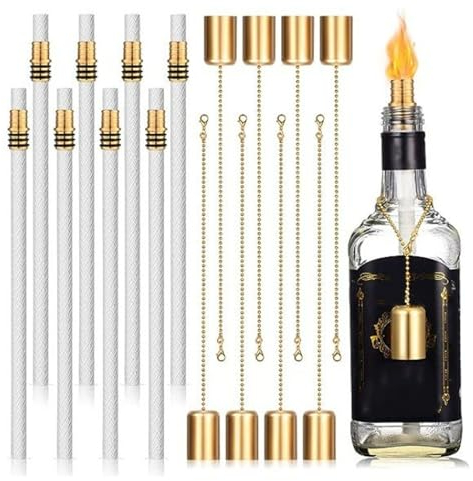 8 Sets Wine Bottle Torch Wicks Kit, 8 Brass Torch Wick Holders with Washers, 8 Replacement Torch Wicks and 8 Copper Caps for DIY Homemade Torch Indoor Outdoor Decor