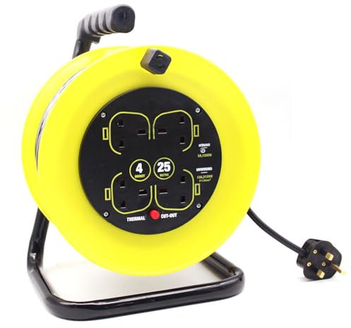 Outdoor Cable Reel with 25M Extension Lead, 4 Way Socket Extension Cable Yellow, with ON/Off Power Switch, Thermal Cut Out and Ergonomic Thermoplastic Handle