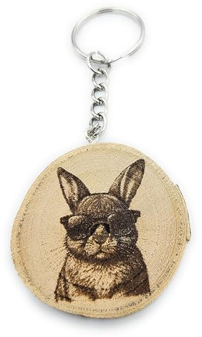 Promotech Cool Bunny Handgefertigter Lasergravierter Einzelstück Schlüsselanhänger aus Holz