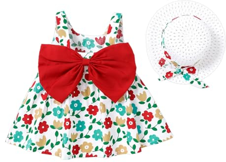 PATPAT Vestido Niña y Conjunto de Sombrero de Paja - con Gorro Vestido Infantil Sin Mangas con Lazo Estampado Floral, Ropa Bebe, Batas Escolares, Vestidos Niña Verano, Tutu Niña 3-6 Meses