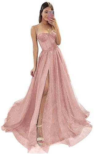Damen Glitzer TüLl Ballkleider SpaghettiträGer Spitze Applikationen Formelle Abendkleider Hoher Schlitz Sweetheart Partykleid Dusty Rose S