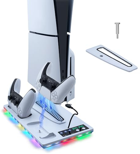Wigearss Soporte Vertical para PS5/PS5 Slim/PS5 Pro con Ventiladores de Refrigeración, Multifuncional con Luz RGB, Cargador para Controladores y Puerto Type-C & USB