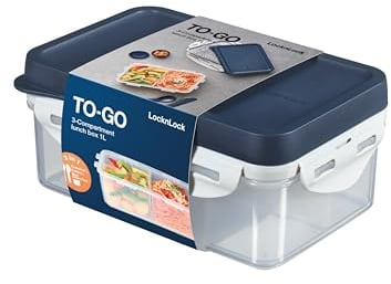 LocknLock HPL817L Lunch Box, with 3 compartments, Topping Tray, Cutlery and Sauce Cup, Plastic, Blue