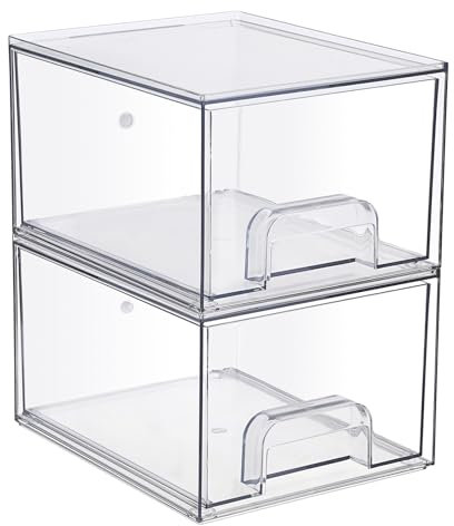 TOLIDA Boîte de rangement en acrylique avec 2 tiroirs, boîte empilable, boîte de rangement pour capsules de lave-vaisselle, boules de séchage, perles parfumées, cosmétiques, papeterie, stylos,