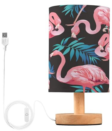 Lampe de chevet minimaliste – Lampe de chevet en forme de flamant rose, feuilles de palmier tropicales, avec port USB, base en bois, abat-jour rond en tissu de lin, lampe de lecture pour salon,