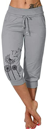 Pantaloni Capri da donna, estivi, per il tempo libero, da donna, con tasca, a tre quarti, con cordino, elasticizzati, con stampa, leggeri, larghi, per le vacanze, la spiaggia, tutti i giorni, tinta