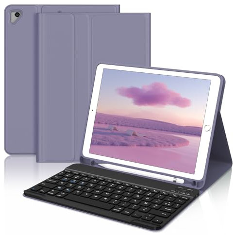 JADEMALL Coque Clavier pour iPad 6ème/5ème Géneration 2018/2017 9.7, iPad Pro 9.7, Air 2/1 2014/2013, AZERTY Français Clavier Bluetooth Amovible Détachable avec Fente pour Stylo, Violet