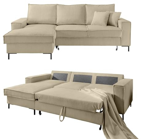 Modernes Cord Ecksofa 240x150 cm mit Schlaffunktion und Bettkasten, Wellenunterfederung, L-Couch mit Recamiere links, Liegefläche 125x198 cm, Cord-Bezug in Beige Grau / 17223