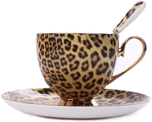 Afternoon Tea Cup Ceramic Mug, Classic Leopard Print Gold-Plated Coffee Cup with Saucer and Spoon, for Home Office Tea Cup, 6.76 Oz 200ml Espresso Cup Cappuccino Cup