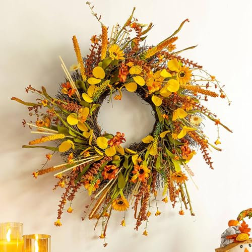 Herbst TürKranz WandKranz, 45cm Kranz Deko Herbst Dekoration Türkranz, Künstliches Rattan Kürbis Ahornblatt Beere Herbst TürKranz WandKranz Als Tür Fenster Wandbehang Dekoration (G (45cm/18inch))