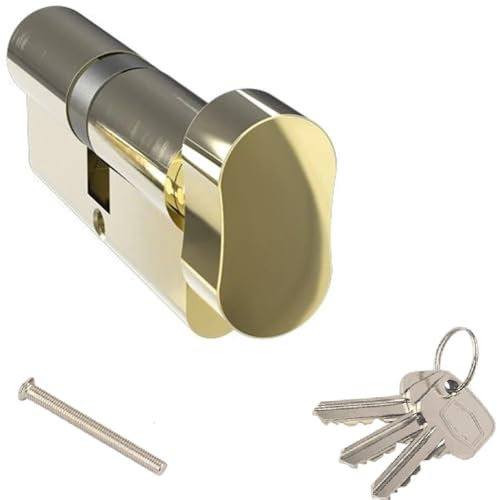 Door Lock with Keys - Thumb Turn Euro Cylinder Barrel Lock - 6 Pin Anti-Drill and Anti-Pick Door Lock (Polished Brass, 45/50)