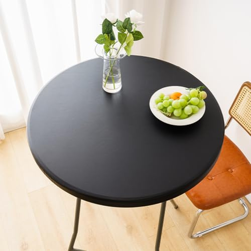 Tischdecke aus PU-Leder, rund, Tischschutz, wasserdichte Tischdecke mit elastischem Rand, abwischbar, schmutzabweisend, Tischdecke für Esszimmer, Küche (Schwarz, 80 cm)