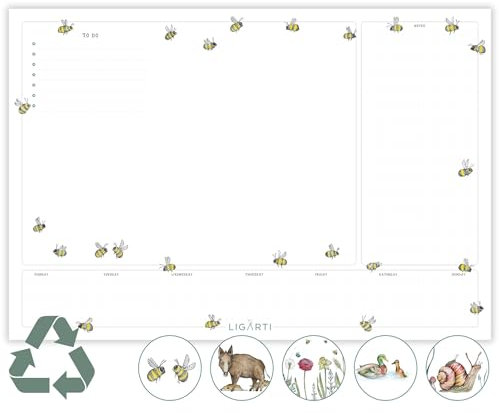 Ligarti Schreibtischunterlage Papier (100% nachhaltig) A3+ Wochenplaner Block mit To Do Liste und wechselnden Motiven - Weekly Planner undatiert, Schreibtisch Unterlage (Waldwiese)