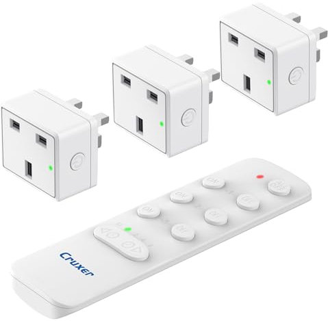 Cruxer Remote Control Timer Plug Sockets, 13A/3120W Anti-Surge Socket Switch with 50M/160FT Wireless Operating Range, Programmable, UKCA and RoHS Listed for Household Appliance, 3 Sockets and 1 Remote