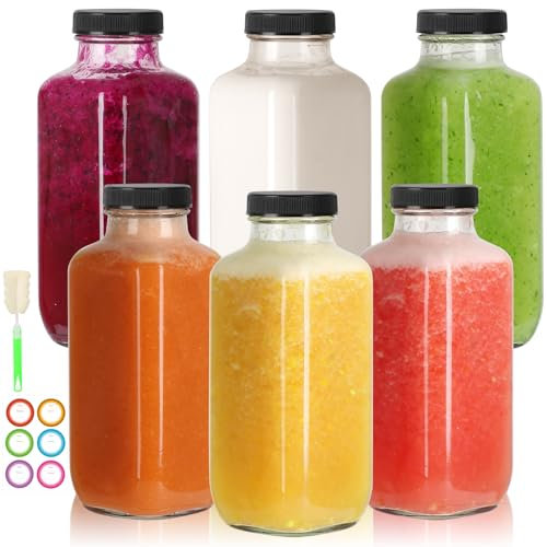 CAKKVDE 16 oz Glass Juice Bottles with Lids 6 Pack,Reusable Glass Drink Bottles,500ml Water Drinking Jars for Milk,Juicing,Kombucha,Ginger,Beverage Glassware,Juice Drinking Jars