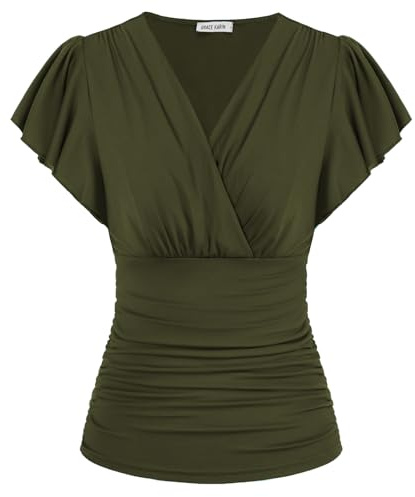GRACE KARIN Chemisier d'été décontracté à manches courtes à volants et col en V pour femme, vert militaire, L