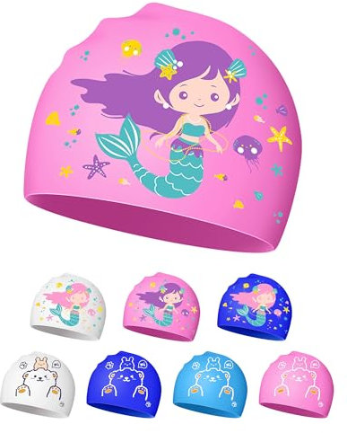 Bonnet de Bain pour Enfants 4-12 Ans, Bonnet Piscine Enfant en Silicone, Imperméable et Antidérapant (Fille de la mer Rose)
