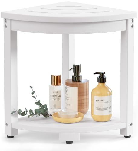 BEKVEM Waterproof HIPS Corner Shower Stool for Inside Shower, 17.2H, White | Wood-Look texture, Low maintenance, Indoor/Outdoor use, For seating, Shaving legs, Foot rest, Leveling non-slip feet, 300 lb