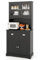 TANGZON Tall Kitchen Cupboard, 4 Door Storage Cabinet with 2 Adjustable Shelves, 2 Drawers, Countertop & Cable Hole, Freestanding Wooden Tall Sideboard Unit for Pantry Dining Living Room (Black)
