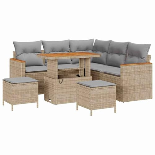 vidaXL Garten-Sofa-Set mit Kissen mit Speicher Beige Poly Rattan, Garten und Terrasse, modernes Rattansofa-Set, wetterfest, Akazienholz Möbel für Entspannung draußen