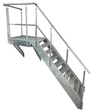 Premium Podesttreppe Wangen- Stahltreppe 10 Stufen Höhe 190 cm inklusive Podest 100x100cm mit oder ohne Geländer komplett verzinkt Wetterfest Gitterroststufe (Ausrichtung Treppe Rechts)