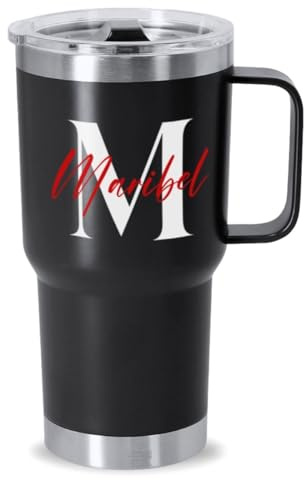 DEREGALOOS. Taza Térmica Personalizada con Inicial y Nombre. Termo Personalizado. Acero Inoxidable Reciclado 600ml. Regalo para Pareja, Amigos. Ideal para Oficina, Gimnasio (Negro)