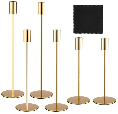 6 Pezzi Portacandele in Metallo, Oro Portacandele, 3 Porta Candele da Tavolo Cilindrico di Diverse Altezz, portacandele Lungo, Candeliere da Tavolo Ornamento Decorazioni, per Cene a Lume, Festive
