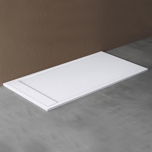 doporro Receveur de Douche Rectangulaire Ultra Plat 90x160x3cm | Solid Surface, Blanc Mat, avec Bonde AL06, Geoma10W