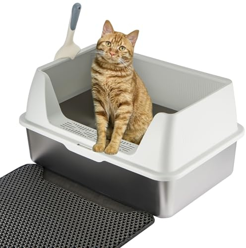 YORKING XXL Stainless Steel Cat Litter Box, 30L Cat Litter Tray with Splash-Proof Lid, Metal Large Litter Box Tray with Double Layer Litter Mat, Litter Scoop for Large Medium Cats, 23.5x15.7x11.8in