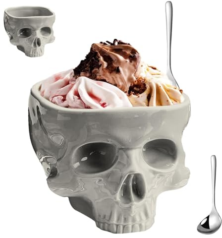 Feizikaw Food-Safe Ceramic Skull-Shaped Edible Bowl, Perfect for Cereal, Pasta & Ice Cream, Gothic Skeleton Head Desktop Decor with Stainless Steel Spoon Included (Bowl + Spoon, S-300ML)