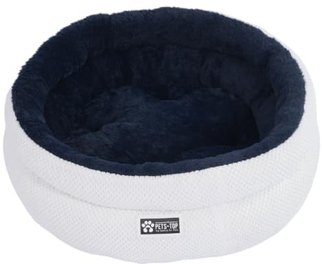 One PETS-TOP Round Fluffy Cat Bed, Soft Cat Cushion, Sleeping Place for Cats and Small Dogs, Washable, Non-Slip (Blue and White, 50 cm)
