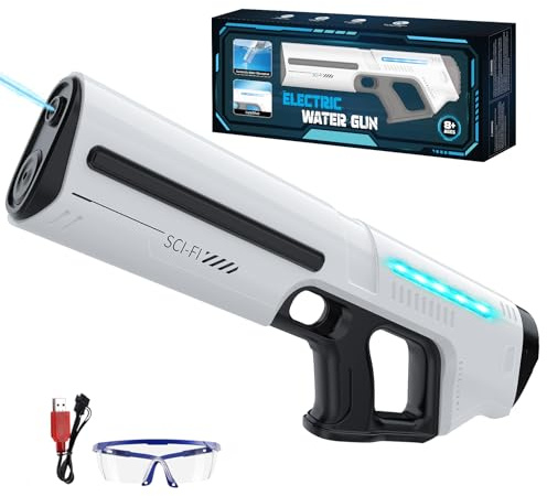 Skirfy Elektrische Wasserpistole für Kinder und Erwachsene, batteriebetriebenes Spritzspielzeug mit Tank, LED-Licht, automatische Wasseraufnahme, Sommerspiel am Strand im Freien