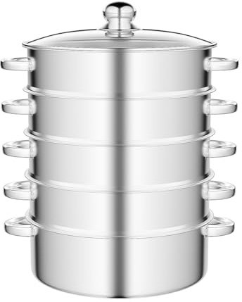 5-Stufige Edelstahl Dampfgarer, Dampftopf mit Glasdeckel, Dampfgarer mit Griffe, zum Dämpfen von Brot, Knödeln, Gemüse oder Fisch, für Alle Herdarten Geeignet (28cm)